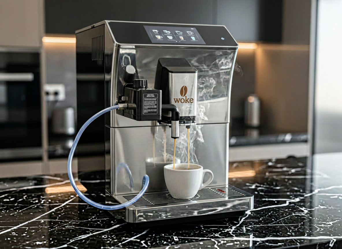 Coffee machine dispensing coffee into a white cup on a black marble countertop.
